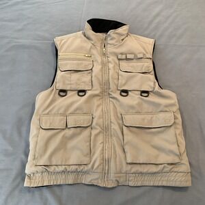 Fourcast Vest Mens XL Beige Canvas Puffer Utility Outdoor Zip Pockets Fishing